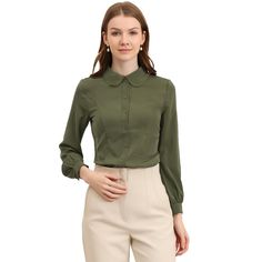 Feel confident flaunting your classic, yet edgy style in this classic peter pan collar office shirt. Featuring button up at front, long puff sleeves, peter collar and princess line. This button-up shirt is a polished piece for the weekend and workday alike. The only improvement a classic button-up shirt needs is a relaxed fit, and that's how this one perfects the beloved staple. Size: small. Color: army green. Gender: female. Age Group: adult. Pattern: Solid. Material: Polyester. Bishop Sleeve Blouse, Peter Pan Collar Shirt, Office Shirt, Casual Tunics, Office Outfit, The Office Shirts, Edgy Style, Denim Shirt Dress, Bishop Sleeve