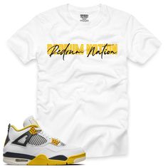 The Vivid Sulfur 4 Redrum Nation X2 Tee is essential for any urban streetwear enthusiast. Show off your style in this premium 100% cotton tee, featuring a classic fit and black/white short-sleeve design. Inspired by the 'VIVID SULFUR' 4s 2024. Get your true-to-size Redrum Nation Tee today.   (Sneakers not included). Red Band Merch T-shirt Pre-shrunk, Air Jordan 13 Retro, Jordan 13 Retro, Urban Streetwear, White Short, Street Wear Urban, Sleeve Designs, Shirt Price, White Shorts