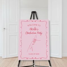 a pink sign that says welcome to children's graduation party with a hand holding a cross