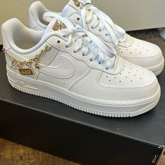 Brand New Never Worn Size 6.5 In Original Box Nike Air Force Gold, Luxury Nike Custom Sneakers For Streetwear, Shoes Air Force 1s, Nike Dunks Low, Leopard Nikes, Shoes Air Force, Gold Nike, Nike Shoes Air, Nike Air Max Excee