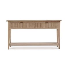 a wooden console table with drawers on one side and an open drawer on the other