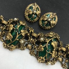 1940s Art Deco Green Rhinestone Chunky Bracelet Clip-on Earrings Set, Victorian Revival Jewelry Set, Gift for Jewelry Lover - Etsy Bracelet Clip, 1940s Jewelry, 1940s Art Deco, Antique Urn, 1940s Art, Desert Hot Springs, Victorian Revival, Vintage Jewelry Sets, Chunky Bracelet