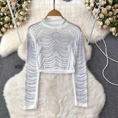 Great Shopping Women Sheer Mesh Crystal Shirts Rhinestone T-shirts Tops Blouse Slim Summer Top , Womens Tops Long Sleeve Party Shirt With Rhinestones, Long Sleeve Rhinestone Party Shirt, Long Sleeve Shirt With Rhinestones For Party, White Stretch Party Top, White Stretch Top For Party, Fitted Party Shirt With Rhinestones, Glamorous Summer Tops With Rhinestones, Fitted Shirt With Rhinestones For Party, Rhinestone Tops For Night Out Party Season