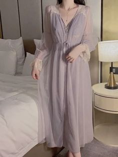 Silk Sleepwear Ensemble Main fabric: 97.7% polyester fiber 2.3% spandex Lining: 90% nylon, 10% spandex Lace base fabric: 100% nylon Water-soluble embroidery thread: 100% polyester fiber     Size/cm   Bust   Length   Waist   Fit weigh     M   79   110.5   72   40-55kg     L   83   110.5   76   50-60kg     XL   87   110.5   80   60-70kg         Robe Size/cm   Length   Bust   Shoulder   Fit weigh     One size/L   118   102   32   40-70kg       	The above size is manually measured by “tiling-stretch Soluble Embroidery, Long Pajamas, Women Loungewear, Pajamas For Women, Silk Sleepwear, Spring Fashion Casual, Night Dress For Women, Elegant Home, Home Wear