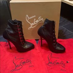 Christian Louboutin Ankle Boots. Black Leather With Hook And Eye Elastic And Metal Closures. Very Easy To Get On And Off. Comfortable. Only Wear Is On Bottom Soul. Heels Are Perfect And Rubber On Ends In Great Shape. Comes With The New Heel Bottoms Too. A Classic Fall/Winter Bootie. Comes With Dusters And Box. Louboutin Ankle Boots, Ankle Boots Black, Dusters, Christian Louboutin Shoes, Boots Black, Bootie, Bootie Boots, Christian Louboutin, Ankle Boots