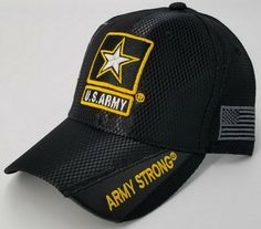 Army hat, quality embroidery, fits many men and some women with adjustable strap up to about 23 inch heads. Heavy duty construction. Standard length bill. Six panel with structured mid-profile crown for a distinguished appearance. High sheen diamond patterned closed mesh fabric. Army Hat, Army Strong, Many Men, Black Hat, Us Army, Diamond Pattern, Mesh Fabric, Baseball Cap, Trucker Hat