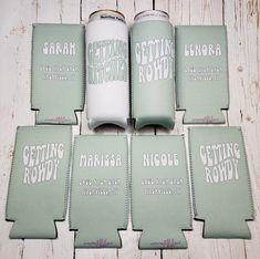 six green coasters sitting on top of each other next to a white can cooler