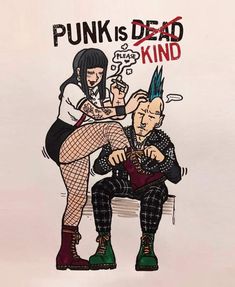 a drawing of two people sitting on a bench with punk is dead written on the back