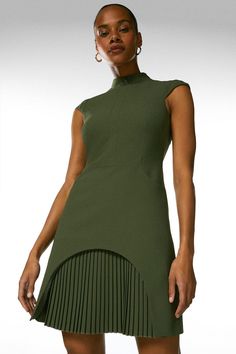 Make This Tailored Dress Your New After-Dark Uniform. Precisely Cut To Ensure The Best Fit, It Features A High Buttoned Neck, Cap Sleeves And Pleating Detail At The Hem. Pleated Hem Dress, Dark Green Outfit, Dark Uniform, Khaki Green Dress, Fashion Uniform, Boxy Dress, Basic Clothing, Karen Millen Dress, Adobe Design