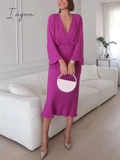 Flare Sleeve Solid Purple V Neck Long Dresses A-line Elegant High Waisted Loose Midi Dress 2023 Woman Casual Ladies Vestidos Size Length (cm) Bust (cm) Sleeve (cm) S 131 90 58 M 132 94 59 L 133.5 100 60.5 NOTE: Please compare the detail sizes with yours before you buy!!! (2.54cm = 1inch) All are measured by hand, so please allow 2-3 cm mistake . Elegant Purple A-line Midi Dress, Purple Solid Color Midi Dress For Summer, Purple Dresses For Spring, Purple Solid Color Dress For Spring, Summer Purple Solid Midi Dress, Summer Purple Solid Color Midi Dress, Purple Formal Dress For Fall, Purple A-line Midi Dress For Fall, Purple Evening Dress For Fall