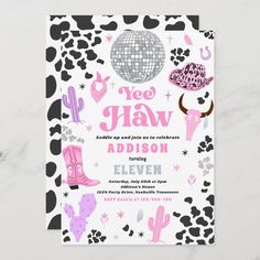 a pink and black birthday party card with cow print on the front, cowboy themed design