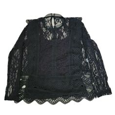 Adiva Women's Black Lace Long Sleeve Blouse Size Small Condition: New With Tags This Top Is A Perfect Match For Everyday Jeans And A Skirt For A Weekend Casual Look. Pairing Perfectly With Your Daily Trousers And Heels For An Elegant Style. Features: - Color: Black - Size: Small - Fabric: 92% Nylon, 8% Spandex - Lining: 100% Polyester - Style#B2bb595897448 - Cut#722214 - Lace Mesh Detailing - Long Sleeve - Mock Neck - Layered Top Laying Flat Measurements: Pit To Pit: 18.5" Sleeve Length: 22" Blo 80s Clothes, Purple Lace Top, Shiny Blouse, Goth Things, Lace Bell Sleeve Top, Crochet Lace Shorts, Everyday Jeans, Crochet Lace Blouse, Blue Lace Top