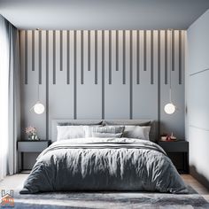 a modern bedroom with grey walls and gray bedding