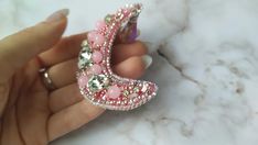 Beaded Brooch Pink Moon Brooch Pin Moon Crystal Pin Jewerly - Etsy Ukraine Pink Beaded Brooches For Party, Pink Beaded Party Brooches, Handmade Pink Brooches For Party, Elegant Handmade Pink Brooches, Handmade Pink Party Brooches, Sailor Moon Brooch, Moon Brooch, Hijab Pins, Moon Crystal