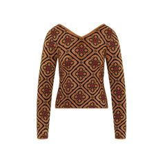 37% Wool, 32% Viscose, 15% Cotton, 14% Polyamide, 2% Metallic Fibre Brown Fitted Jacquard Knit Top, Fitted Brown Jacquard Knit Top, Brown Fitted Jacquard Knit Sweater, Fitted Brown Jacquard Knit Sweater, Elegant Winter Jacquard Knit Tops, Elegant Jacquard Knit Top For Winter, Elegant Long Sleeve Jacquard Knit Sweater, Italian Textiles, Jacquard Sweater