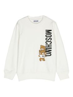 white cotton jersey texture crew neck logo print to the front signature Teddy Bear motif long sleeves ribbed cuffs and hem fleece lining White Long Sleeve Sweater With Letter Print, White Logo Print Sweater For Fall, Sporty White Sweater With Logo Detail, White Crew Neck Top With Ribbed Collar, White Letter Print Sweatshirt For Winter, Winter White Letter Print Sweatshirt, White Logo Print Sweater For Winter, White Embroidered Logo Crew Neck Sweatshirt, White Crew Neck Sweatshirt With Embroidered Logo