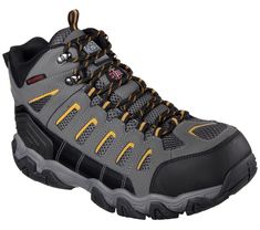 Stay protected and comfortable on all terrains with Skechers Work: Blais - Bixford ST. This waterproof hiking style work boot features a lace-up action leather, synthetic and mesh fabric upper with a Skechers Memory Foam insole and steel toe. | Skechers Men's Work: Blais - Bixford ST Sneaker Arch Support Boots, Hiking Style, Men Boot, Fabric Boots, Skechers Memory Foam, Mens Skechers, Steel Toe Boots, Hiking Fashion, Safety Boots