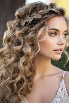 Wedding Hairstyles For Long Hair Down With Crown, Long Curled Hair With Braid, Braid Crown Hair Down, Curled And Braided Hairstyles, Hollywood Curls With Braid, Curly Hair Formal Styles Down, Long Wedding Hair Curls, Crimped Hairstyles For Wedding, Homecoming Hair Down Curly