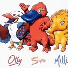 an image of three cartoon animals playing with each other's head and body while the words olly, syd, milii are written in large letters