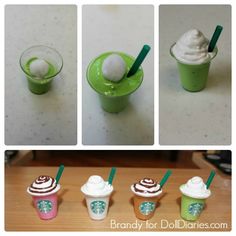 four different shots of green drinks with whipped cream in them