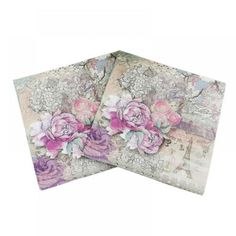 two pieces of paper with pink flowers on the front and back of each piece, one is