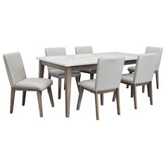 a dining table and chairs with white upholstered cushions on the backrests