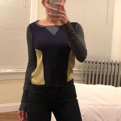 Size Medium. Never Worn But No Tags. Sweater Is Very Light Material. Chic Blue Color Block Tops, Fitted Blue Color Block Tops, Fitted Navy Color Block Tops, Chic Crew Neck Top With Color Block, Chic Color Block Crew Neck Tops, Fitted Color Block Tops For Fall, Navy Stretch Tops For Fall, Navy Long Sleeve Color Block Top, Navy Fitted Long Sleeve Top