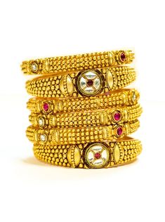 Rikha - Contemporary Gold Bangles Set w/ Ruby & Kundan's for Ladies' – B Anu Designs Gold Bangle Design, Gold Bangle Designs, Indian Gold Bangles, Desi Traditional, Gold Bangles Set, Gold Bangles Indian, Ruby Bangles, Bangle Design, Indian Bridal Jewelry