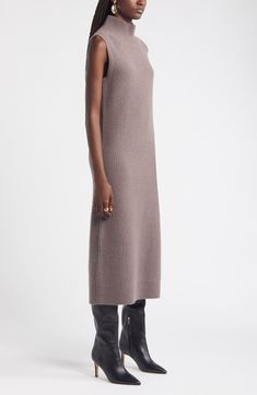 Embrace sweater weather with none of the bulk in this ribbed dress topped with a cozy mock neck and knit from a blend of soft wool and cashmere yarns. 45" length (size Medium) Slips on over head Mock neck Sleeveless Unlined 70% wool, 30% cashmere Dry clean Imported Casual Ribbed Sweater Dress With High Neck, Casual High Neck Ribbed Sweater Dress, Casual Ribbed High Neck Sweater Dress, Ribbed Knit Turtleneck Dresses, Winter Ribbed Brown Sweater Dress, Winter Brown Ribbed Sweater Dress, Winter Ribbed Dresses For Daywear, Ribbed Dresses For Daywear In Winter, Sleeveless Knitted Sweater Dress For Fall