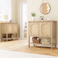 a living room scene with focus on the sideboard and mirror in the back ground