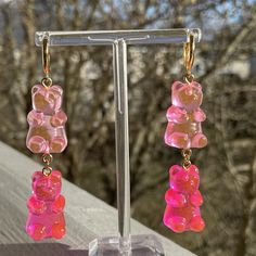 Double Gummy Bear dangle earrings in light pink and hot pink on huggie hoops! 14k gold plated hoops.  Nickle free.  These can be made as custom orders in any color, just ask! Made to order. Typically ships within 3-5 business days. Please note that all products are handcrafted to order, and while I'm totally bomb at mixing pigments, the actual product color may slightly vary from the images shown. I hope that's cool. Hoop Dangle Earrings, Gummy Bear, Asheville Nc, Gummy Bears, Etsy Earrings Dangle, Custom Orders, Jewelry Earrings Dangle, Light Pink, Hot Pink