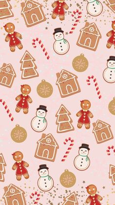 A fun and festive Christmas wallpaper with gingerbread cookies, snowmen, candy canes, and holiday decorations on a light pink background, perfect for a playful holiday iPhone wallpaper. Christmas Phone Backgrounds, Christmas Wallpaper Ipad, Dope Wallpaper, Christmas Wallpaper Iphone Cute, Wallpapers Phone, Christmas Wallpapers, Cute Christmas Wallpaper