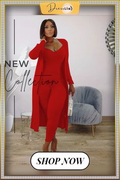 Women's Long Rib Coat+slim Jumpsuit Two-piece Set Solid Long Sleeve Sets For Party, Spring Stretch Long Sleeve Pantsuit, Stretch V-neck Party Set, V-neck Stretch Party Sets, Stretch Long Sleeve Pantsuit For Party, Elegant V-neck Stretch Sets, Solid Long Sleeve Pantsuit For Party, V-neck Sets For Fall Party, Solid Two-piece Party Set