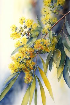 a painting of yellow flowers and green leaves on a tree branch with watercolors