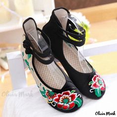 Olivia Mark - Beijing Embroidered Cloth Shoes with Increased Height, Square Dance Shoes, Ancient Hanfu Shoes, Single Shoes Hanfu Shoes, Ancient Hanfu, Professional Work Shoes, Height Increase, Square Dance, Square Dancing, High Heel Pumps, Work Shoes, Leather Pumps