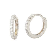 "This finely handcrafted SINGLE huggie hoop dangle earring is composed of 14K solid gold and pavé set with genuine GVS1 quality round brilliant cut natural real Diamonds. This earring also features a secure hinged closure for the ease of taking them on and off. NOTE: This specific listing is for merchandise that we have available in stock & ready to ship. If you are interested in purchasing this item with more 14K gold color options & quantities kindly click the following link for your c Small Silver Hoop Earrings With Halo Design, Small Hoop Sterling Silver Earrings With Prong Setting, White Gold Round Huggie Earrings With Halo, White Gold Round Halo Huggie Earrings, Sterling Silver Huggie Earrings With Halo Design For Gift, Silver Hoop Earrings With Halo For Gift, Sterling Silver Huggie Hoop Earrings With Halo, White Sterling Silver Huggie Earrings, Silver Round Halo Huggie Earrings