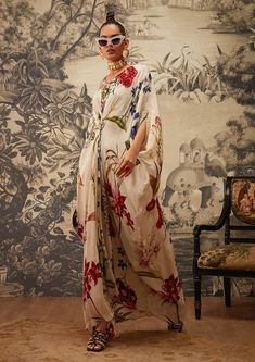 Kalista-Ivory Printed Kaftan-INDIASPOPUP.COM Indian Editorial, Luxury Aesthetics, Sarees Traditional, Kaftan For Women, Printed Kaftan, Kaftan Top, Fashion Sarees, Placement Print, Sharara Set