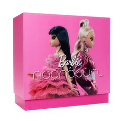 a pink box with two dolls on it and the words barbie moon court written in white