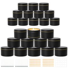 a large set of black containers with gold trimmings