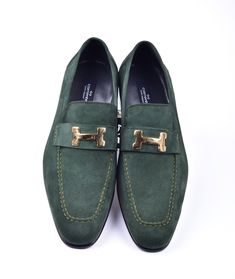 Style: 5760S-Green Elegant Supple Suede slip-on Loafer from the Corrente collection features soft Calfskin lining, Metallic "H" Hardware detail and a clean welt! Matching Belt Available. . Cordovan Shoes, Buckle Loafers, Shoes Green, Formal Loafers, Loafers Style, Green Suede, Suede Loafers, Suede Sandals, Leather Buckle