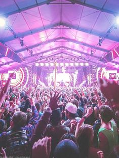 a large group of people at a concert with their hands in the air and one person on stage