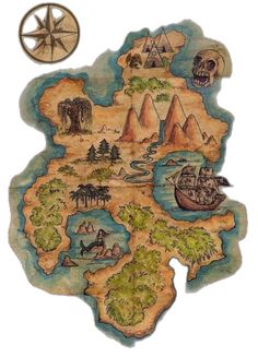 a map with many different things on it and a compass in the middle, as well as an image of a pirate ship