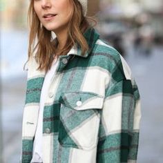 BCFM sale ! green Shacket classic petite shacket jacket white and green plaid overshirt green flannel check oversized shacket #shacket #shacketstyle #fallstyle #outfitideas #overshirt #bcfm Green Shacket, Knitted Shirts, Wool Shacket, Winter Jacket Outfits, Oversized Shacket, Cool Autumn, Pearl Strands Necklace, Green Flannel, Pre Black Friday