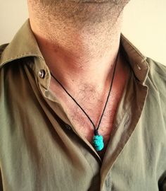 A simple rope necklace with natural turquoise stone pendant, stainless steel lobster clasp closure.  Minimalist style every day pendant necklace with genuine stone will be a great gift for him.  Turquoise represents wisdom, tranquility, protection, good fortune, and hope cotton wax cord thickness 1,5 mm turquoise stone bead approx: 15 x 10 mm For all products are used only genuine high-quality Italian leather, natural stones and wood. All metal materials are lead and nickel free.  /Gift wrapping and packaging/ :   All items ordered will be placed in a gift bag and shipped in a bubble mailer. /Jewelry care instructions/: Not recommended bathing, physical activity, swimming, sleeping while wearing jewelry. It may damage all the components of the product. Turquoise Waxed Cord Jewelry Gift, Blue Stone Pendant, Moda Hippie, Lapis Jewelry, Pendant For Men, Natural Turquoise Stone, Lapis Lazuli Pendant, Leather Corded Necklace, Jewelry Care Instructions