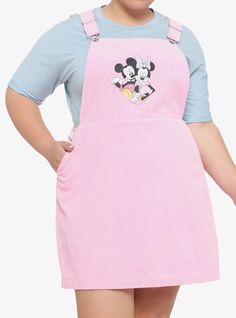 Mickey Mouse and Minnie Mouse are Valentine's Day goals! This pink corduroy skirtall features a heart-shaped bib pocket with the couple embroidered in a pastel tone. Plus Size Disney Outfits, Mickey Mouse Dress, Plus Size Disney, Mickey Mouse And Minnie Mouse, Disney World Outfits, Disney Valentines, Mickey Mouse Minnie Mouse, Pink Corduroy, Disney Dresses