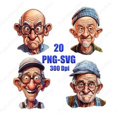 four old men with different facial expressions and hats on their heads, all in various poses