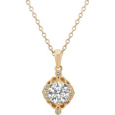 Crafted from quality 14 karat yellow gold  eight brilliant round diamonds  at approximately .06 carat total weight  serve as the perfect backdrop to the round gemstone of your choice  at approximately .50 carat  in this dazzling pendant with milgrain detailing. The vintage design hangs from an adjustable 22-inch matching cable chain and measures 5/8 of an inch long. For more information on selecting your center stone  Live Chat or call an online customer service representative at 1-866-467-4263 14k Yellow Gold Diamond Necklace With Round Stone, Classic Yellow Gold Diamond Necklace With Round Stone, Refined 14k Gold Diamond Necklace With Accents, Classic Round Pendant Diamond Necklace With Single Cut Diamonds, Classic Single Cut Diamond Round Pendant Necklace, 14k Yellow Gold Necklace With Round Diamond, Gold Diamond Necklace With Round Stone For Formal Events, Gold Diamond Necklace With Round Stone For Formal Occasions, Classic Pendant Diamond Necklace With Single Cut Diamonds