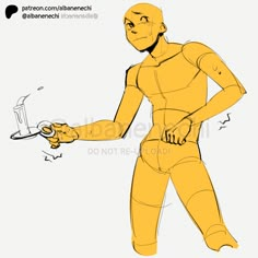 a drawing of a man in yellow holding a knife and fork with one hand on his hip