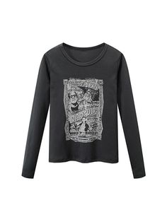 Material: Cotton One size: Bust 78-100cm/ Shoulder - 35cm/ Sleeve - 57cm/Length - 52cm Winter Grunge Graphic Print T-shirt, Grunge Long Sleeve Tops With Screen Print, Black Long Sleeve Top With Graphic Design, Grunge Long Sleeve Graphic Top, Long Sleeve Grunge Graphic Top, Grunge Graphic Design Tops For Fall, Black Graphic T-shirt For Fall, Gray Long Sleeve Tops With Graphic Print, Gray Long Sleeve Top With Graphic Print