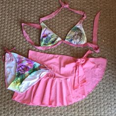 Set Includes: 1 Bikini Top Size Medium, 1 Bikini Bottom Size Medium (All Lucky Brand), And 1 Flirty Swim Skirt Ties At Side, Size Large (Skirt Is J Crew). All Never Worn. Pink Swim Dress For Beach Season Party, Fitted Swimwear For Party Vacation, Summer Party Tankini For Vacation, Summer Tankini For Vacation Party, Summer Vacation Tankini For Party, Spring Beachwear Tankini For Summer Parties, Fitted Tropical Print Tankini For Beach, Beachy Fitted Tankini With Tropical Print, Fitted Beachy Tankini With Tropical Print